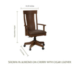Weldon cherry wood desk chair with cigar leather seat, wheels, and dimensions.