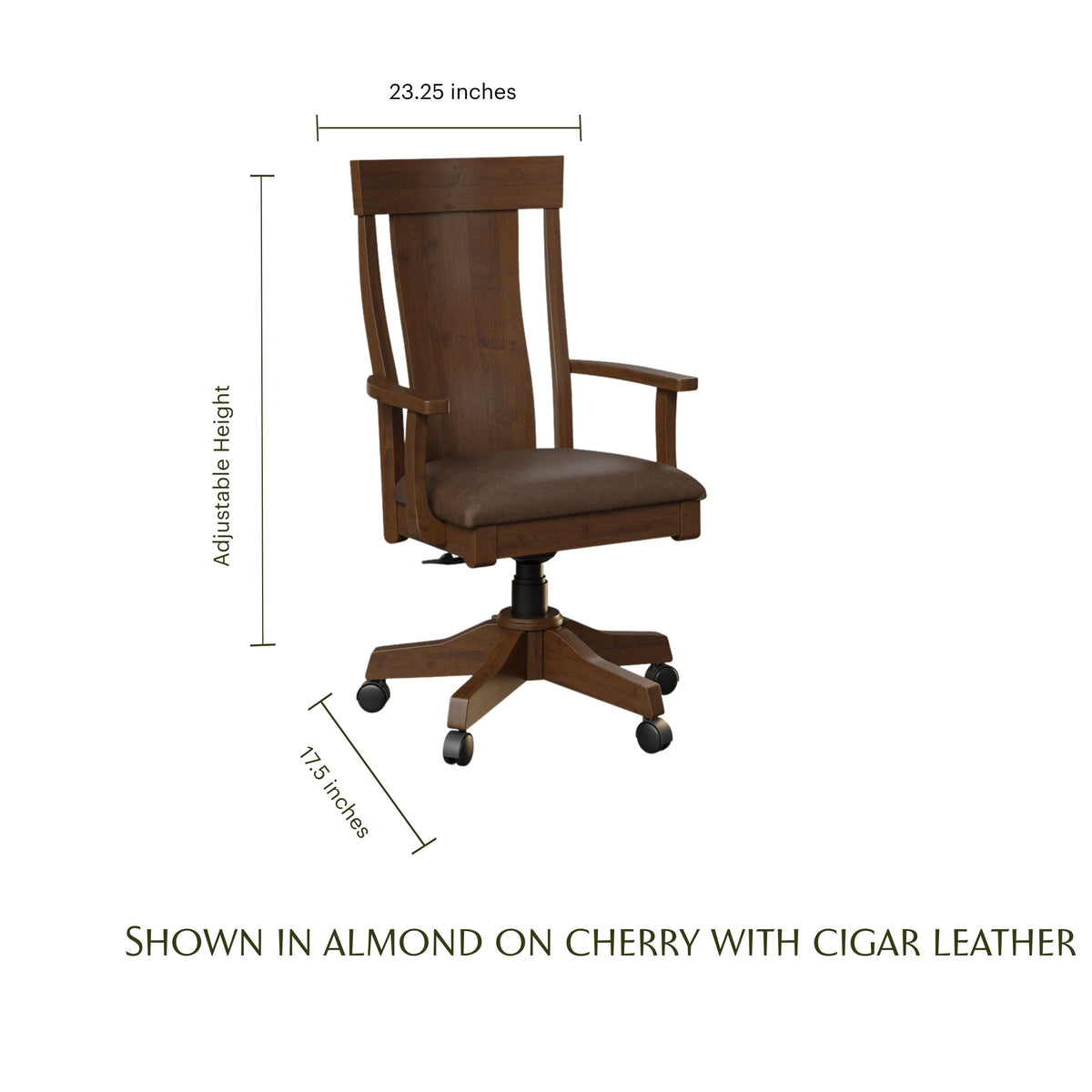 Weldon cherry wood desk chair with cigar leather seat, wheels, and dimensions.