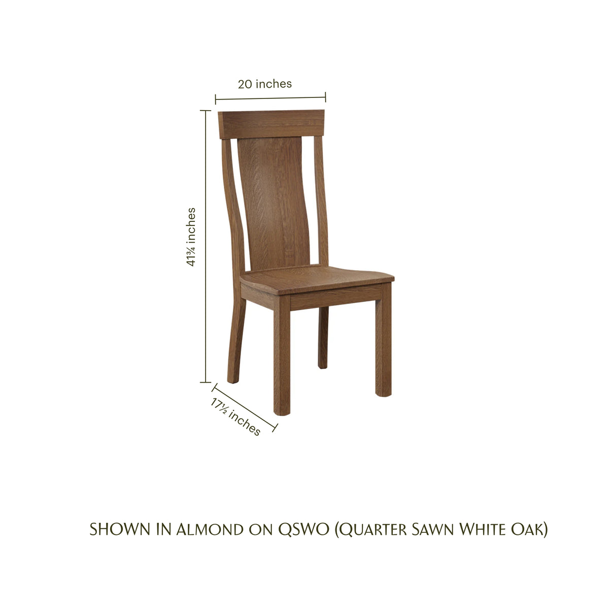 Weldon oak side chair in almond finish with dimensions: 41.25" H x 20" W x 17.5" D.