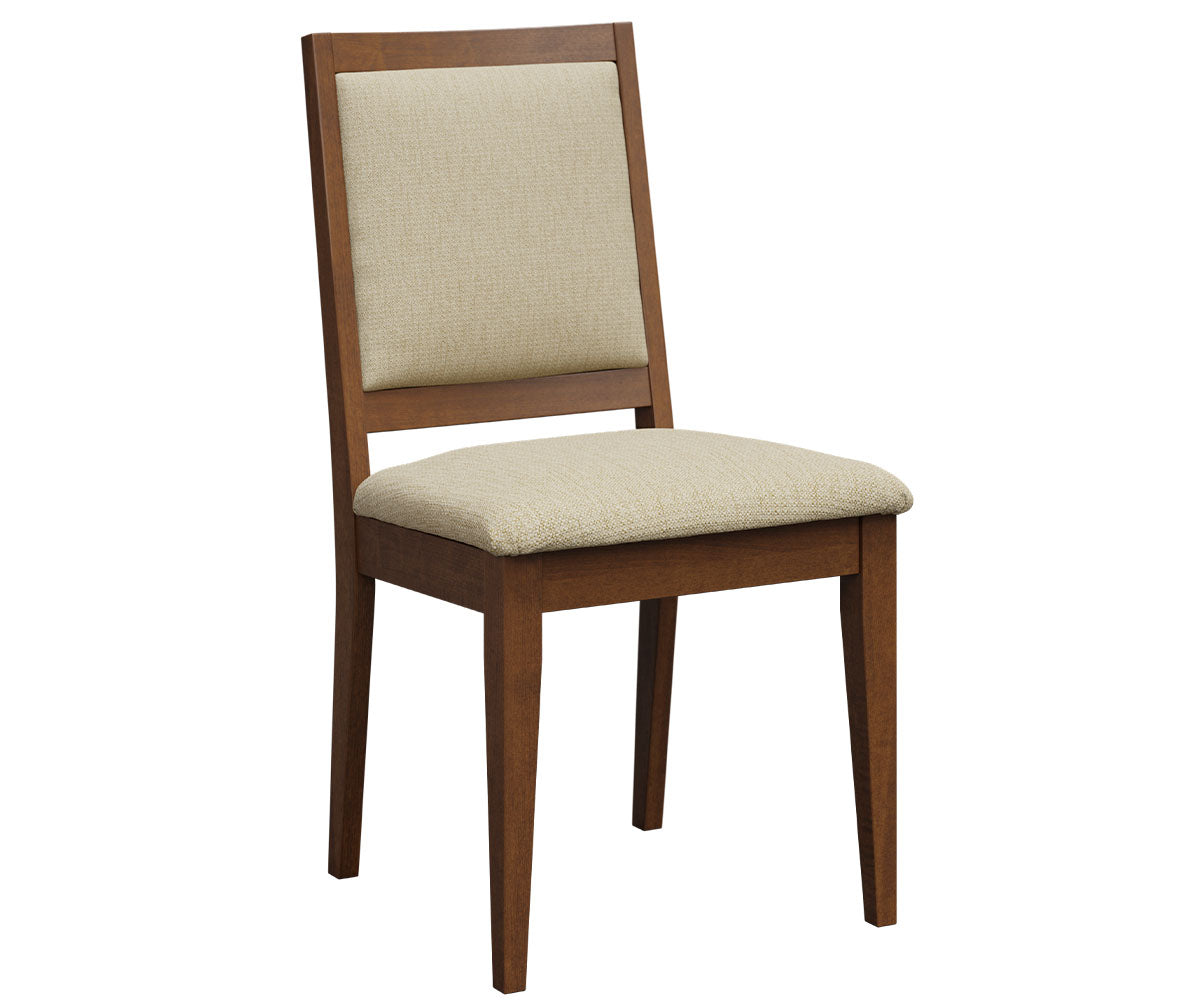 Kelsey side chair in solid brown hardwood with beige upholstered seat and backrest.