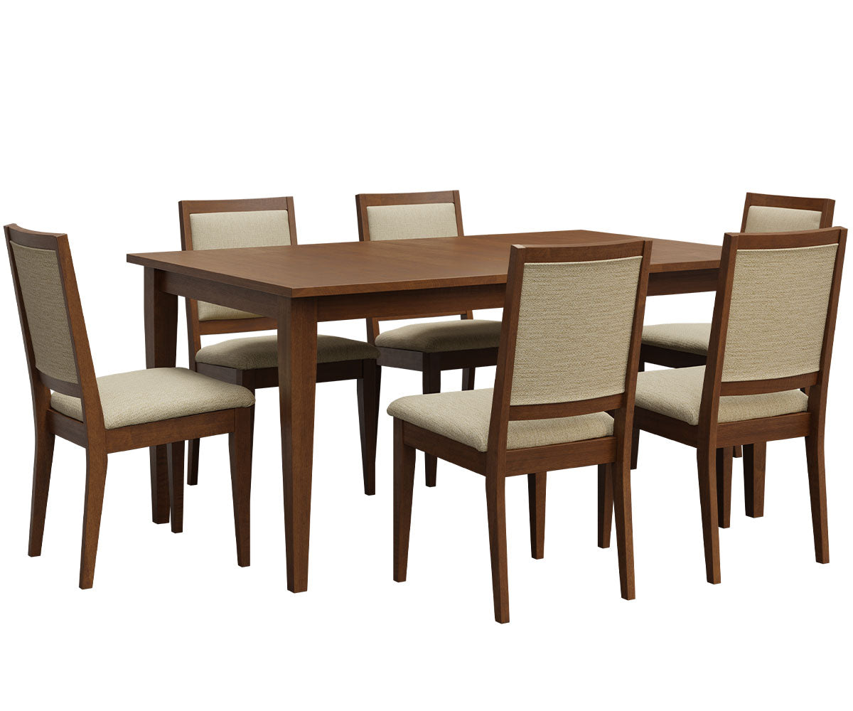 Kelsey upholstered dining chairs with a solid wood table in a warm brown finish.
