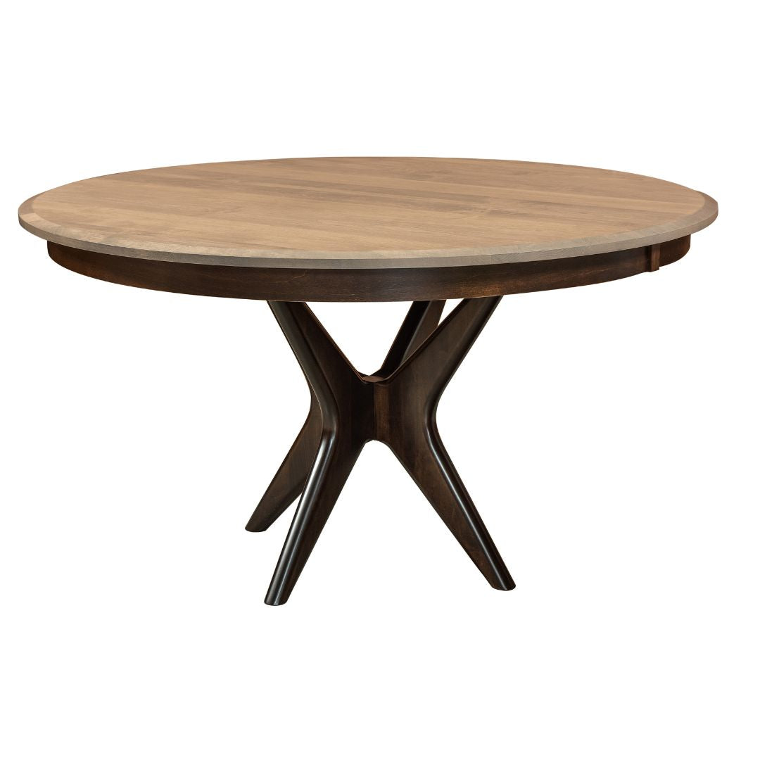 West Newton midcentury round wooden dining table with a light brown top and dark brown pedestal base