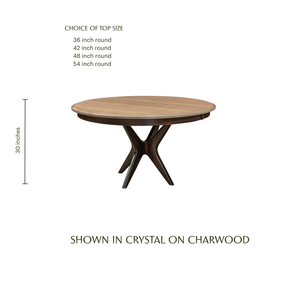 West Newton midcentury round wooden dining table in crystal on charwood finish
