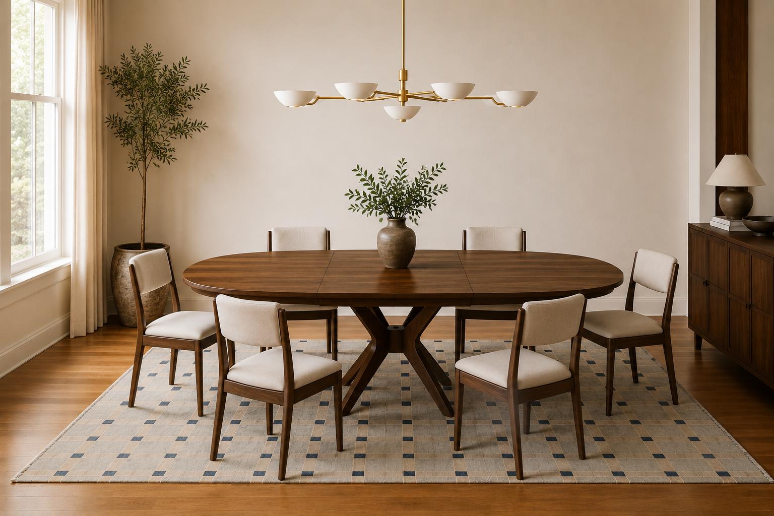Orchid Side Chair in walnut wood with beige upholstered seats around an oval dining table