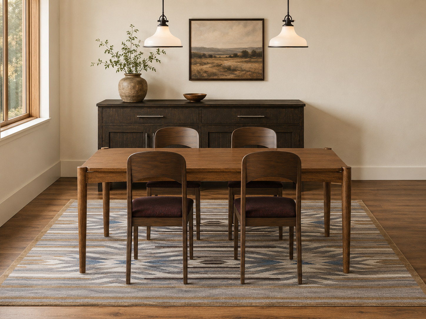 Nova Side Chairs in dark wood with upholstered seats around a matching dining table