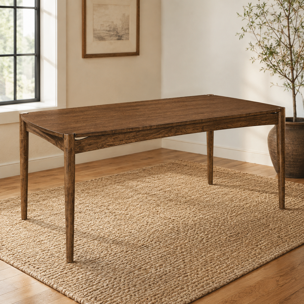 Modern Wewatta solid wood dining table with tapered legs on a woven rug.