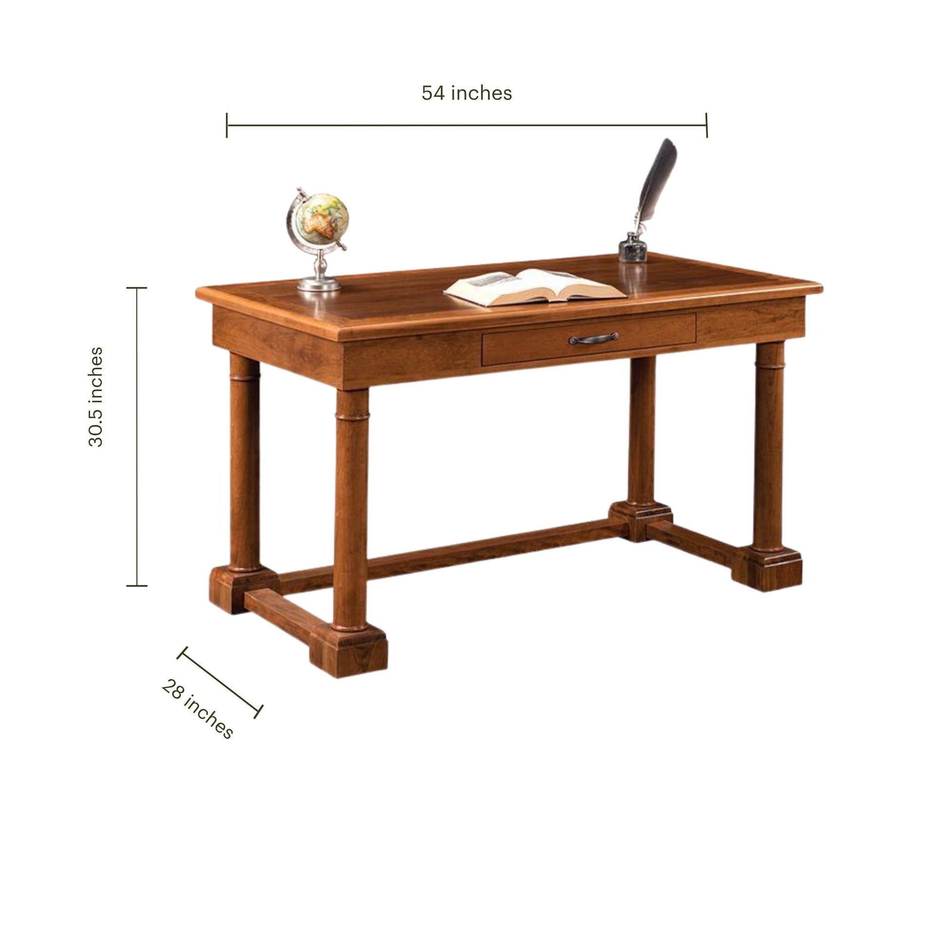 Whitman solid wood writing desk with dimensions 54" W x 28" D x 30.5" H, featuring a center drawer.
