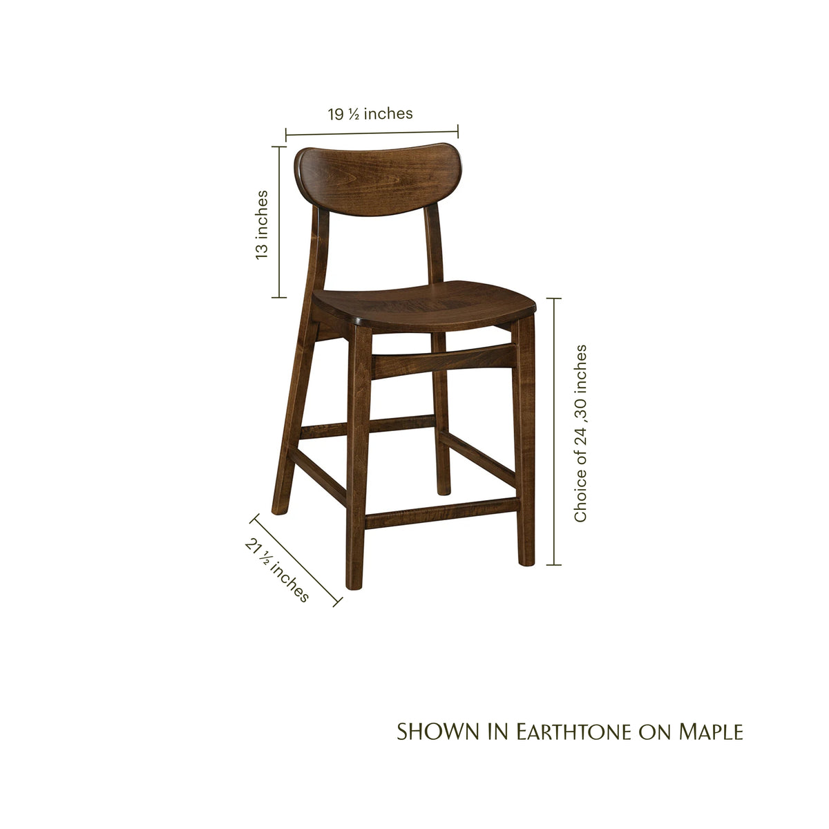 Wilton wooden bar chair in earthtone on maple with dimensions shown