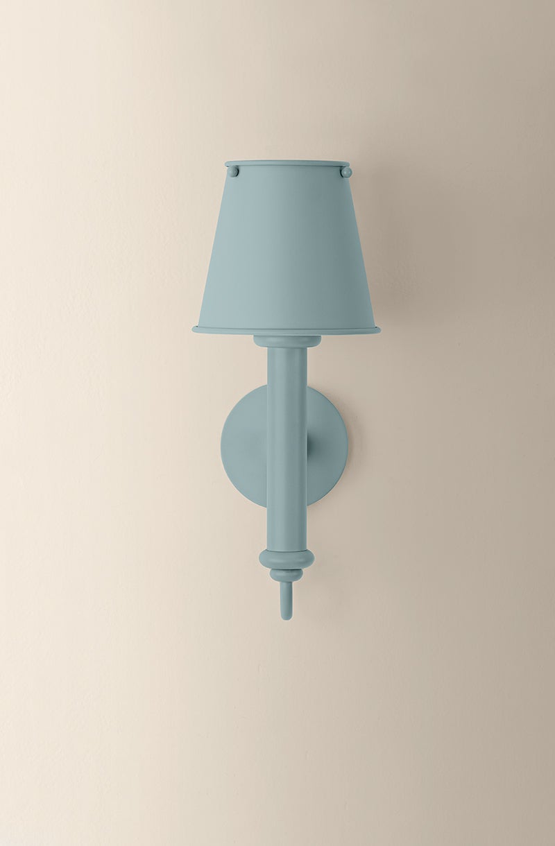 Yara wall sconce in dusk blue metal with a matching tapered shade.