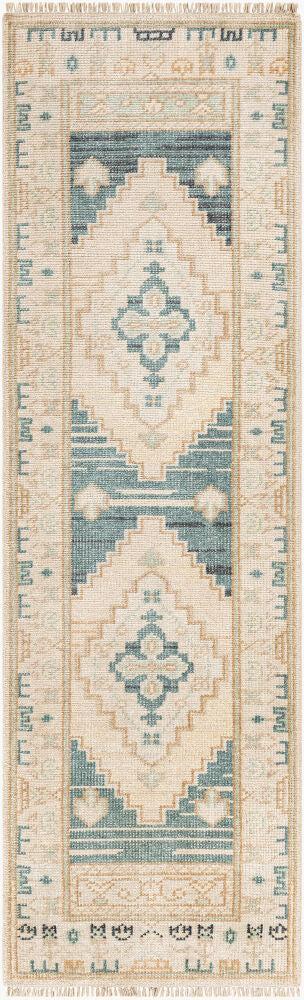 Anadolu hand-knotted wool runner rug with blue and beige geometric patterns