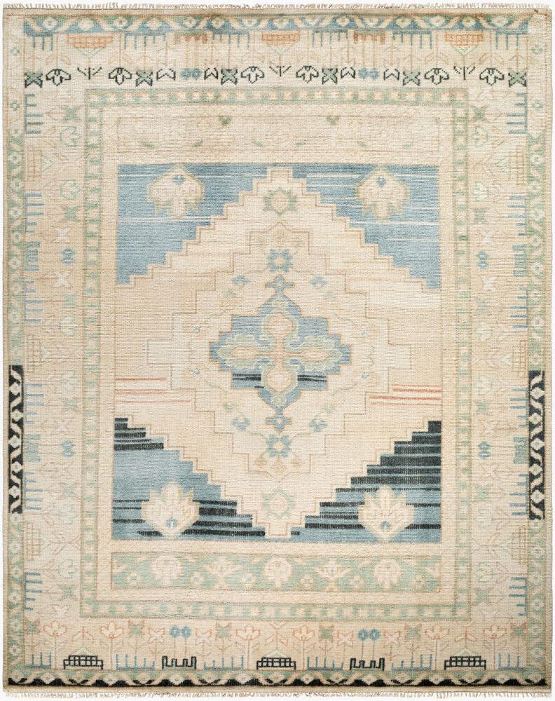 Anadolu hand-knotted wool and viscose rug with a blue and beige geometric pattern