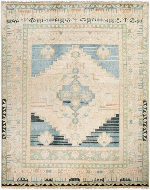 Anadolu hand-knotted wool and viscose rug with a blue and beige geometric pattern