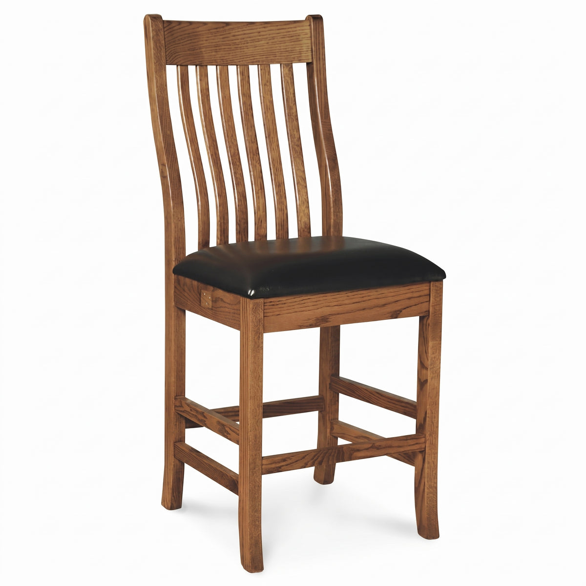 Alameda mission-style wooden bar chair with a black leather seat cushion.