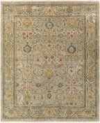 Anatolia hand-knotted wool rug featuring a traditional floral pattern in neutral, gold, and blue tones.