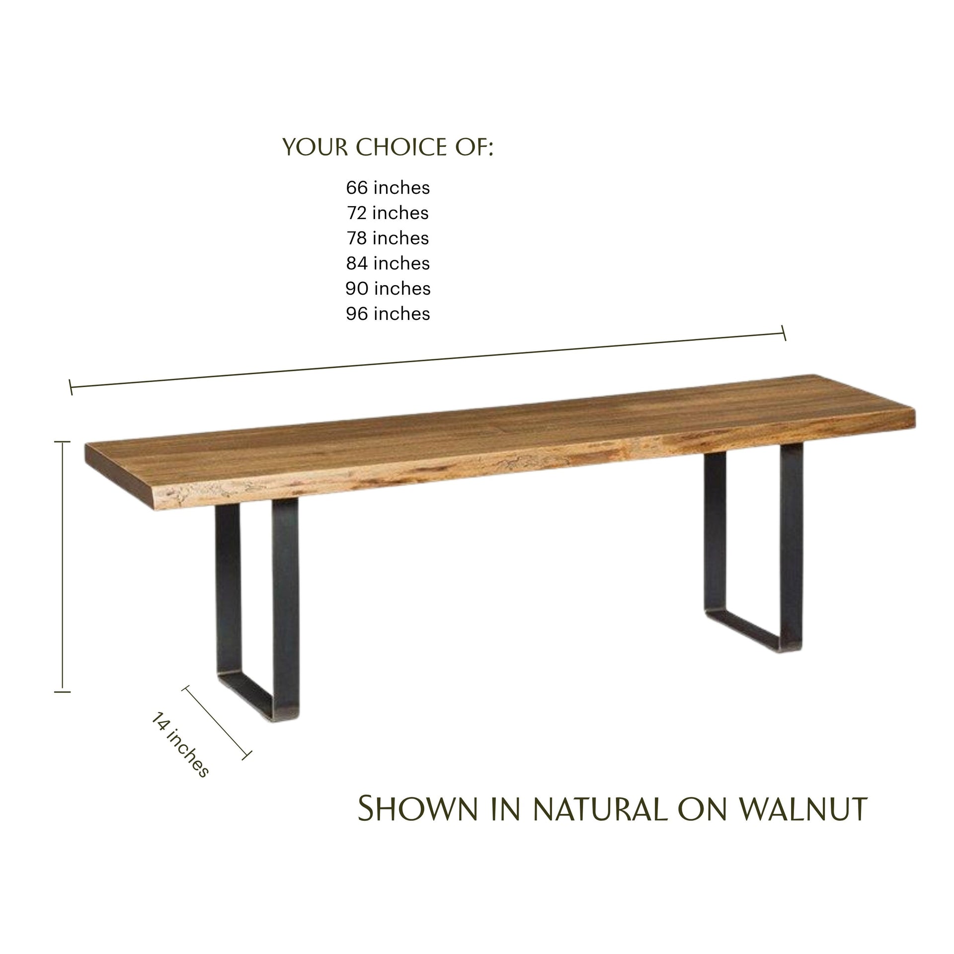Rustic walnut live edge dining bench with black metal legs and custom length options.