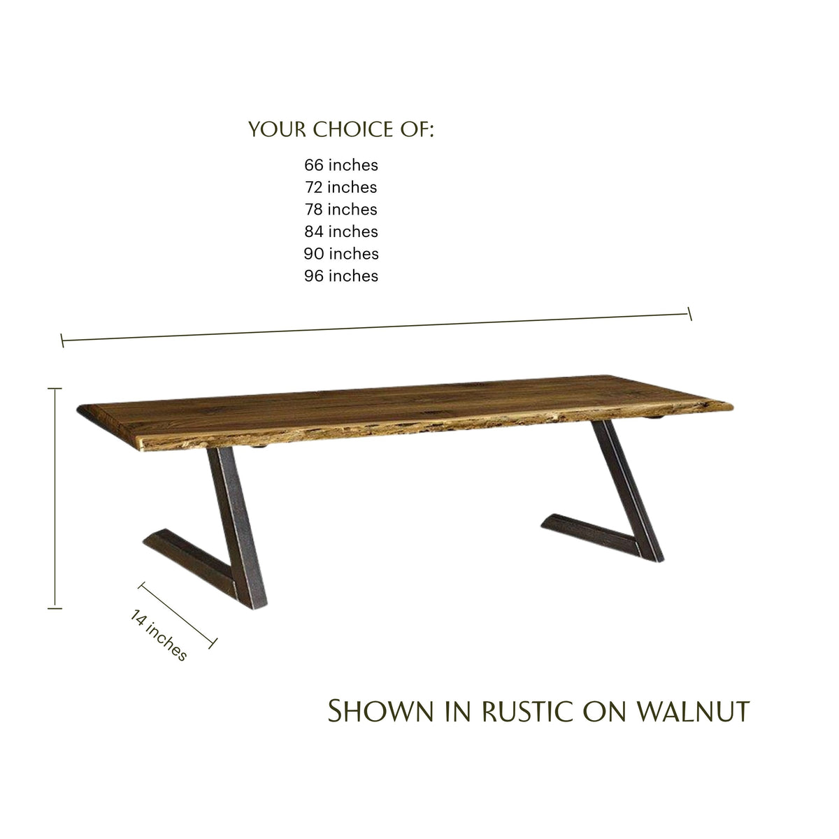 Rustic walnut live edge dining bench with black metal legs and custom size options.