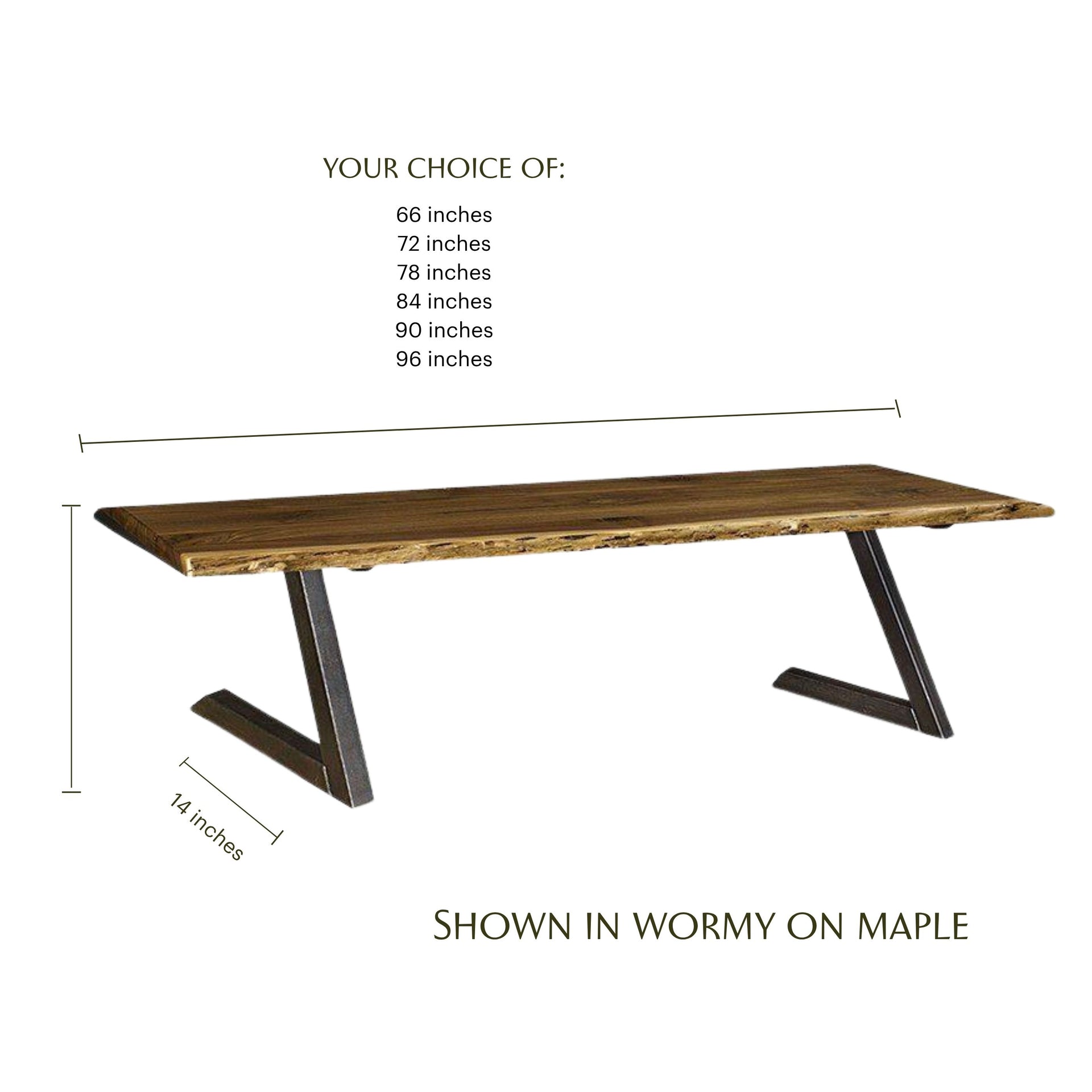 Live edge wormy maple dining bench with metal Z-legs and sizing options