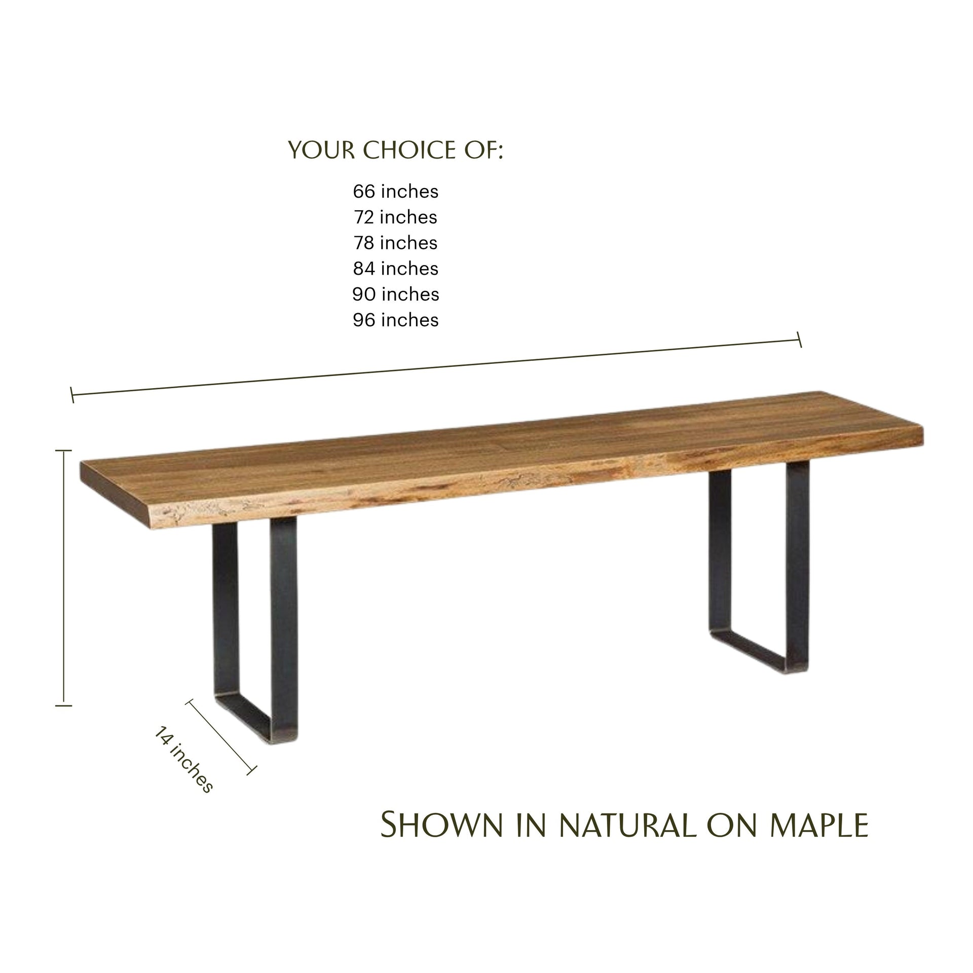 Live edge wormy maple dining bench with black metal U-legs and custom size options.