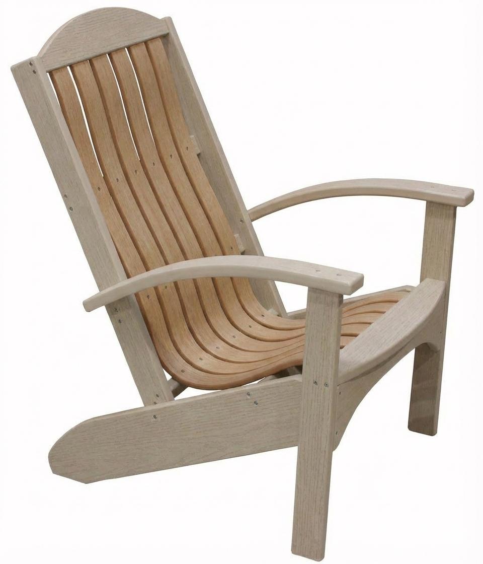 Two-tone poly lumber Adirondack beach chair with a curved wood-grain seat and grey frame.