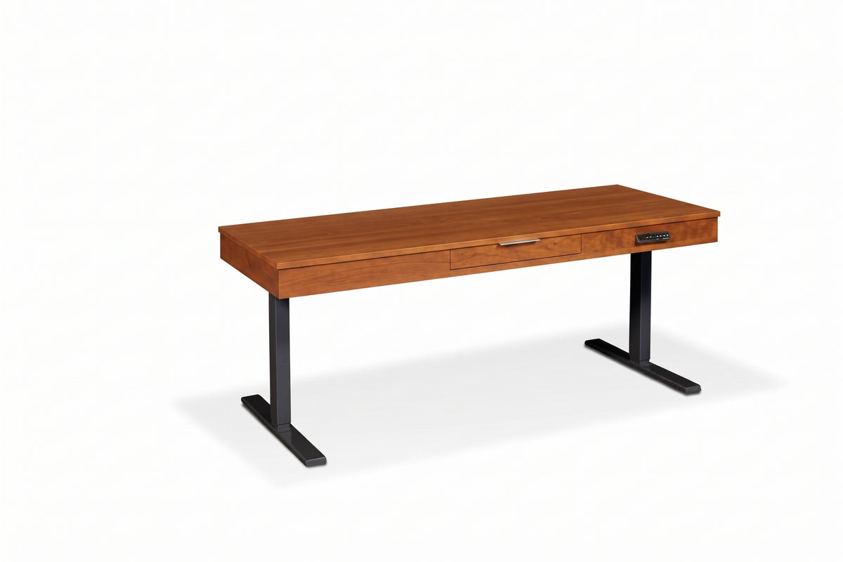 Blocher II solid wood lift desk with a warm cherry finish and black adjustable legs.