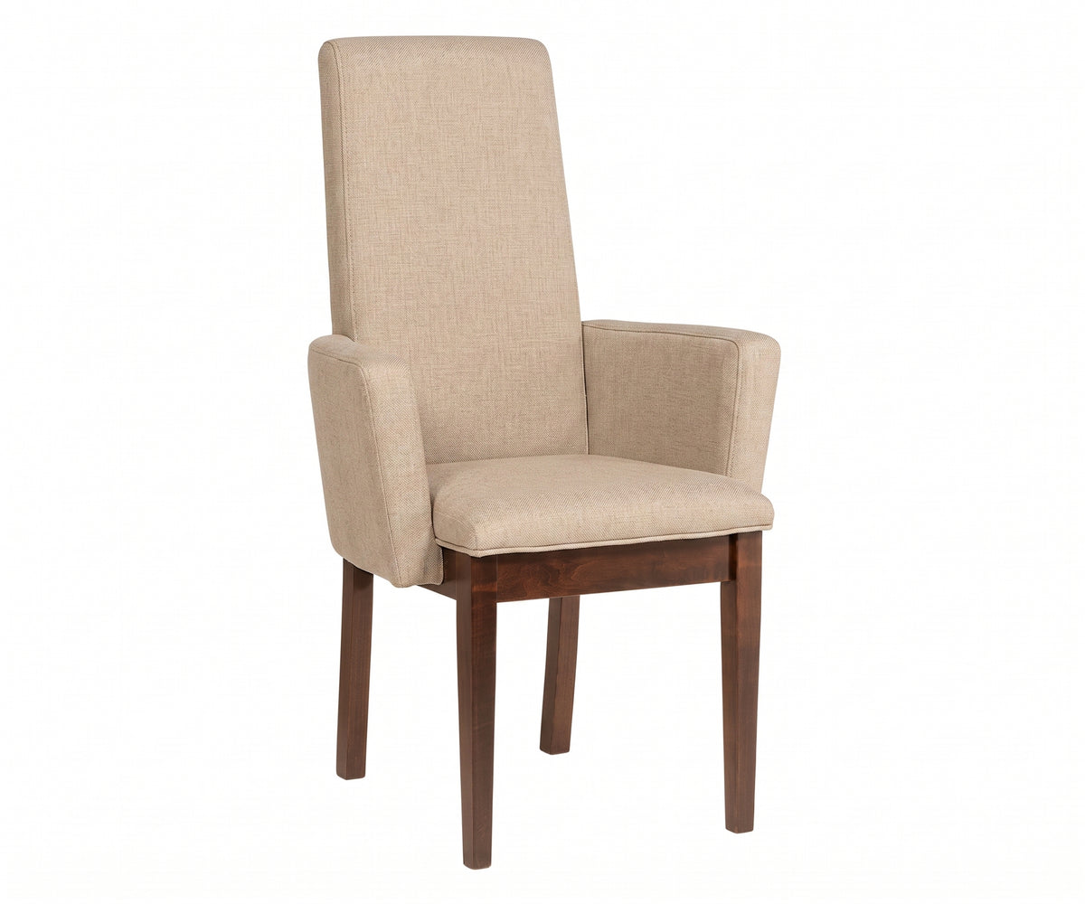 Bradbury upholstered dining arm chair with beige fabric and dark wood legs