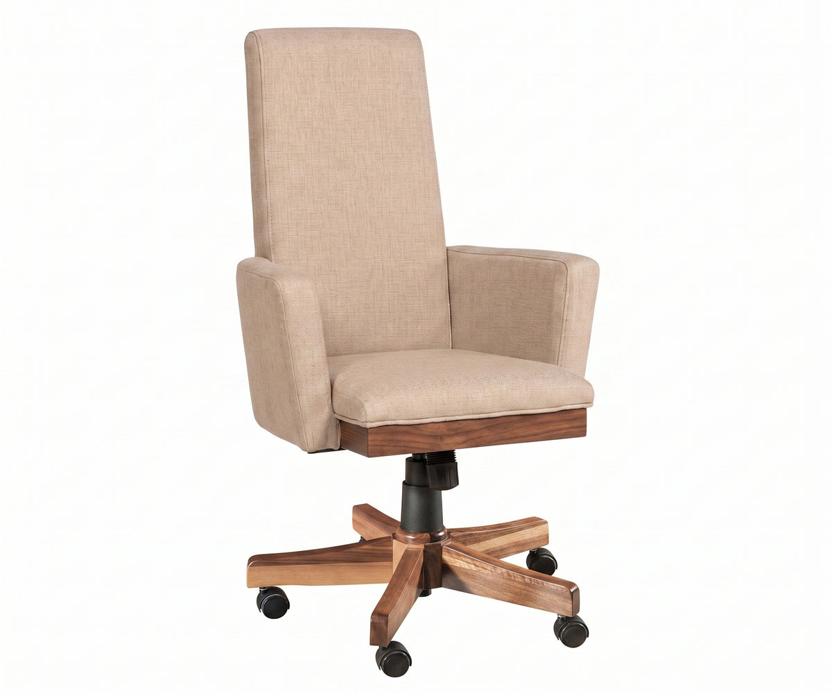 Bradbury upholstered high-back desk chair in beige fabric with a walnut wood rolling base.