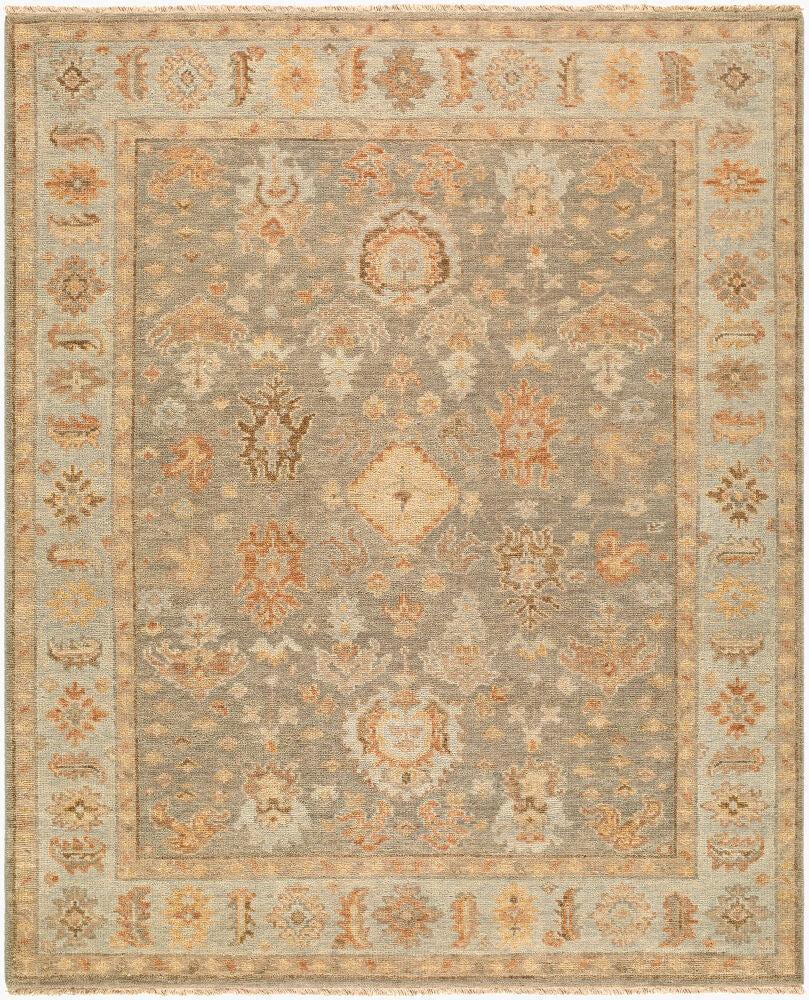 Palmetto Wheat hand-knotted wool rug with a traditional beige and orange floral pattern.