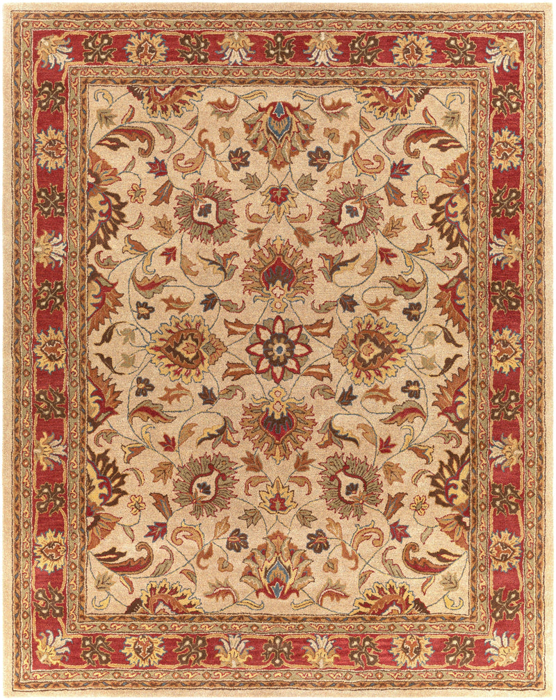 Caesar Ivory hand-tufted wool rug with traditional floral patterns in red and gold.