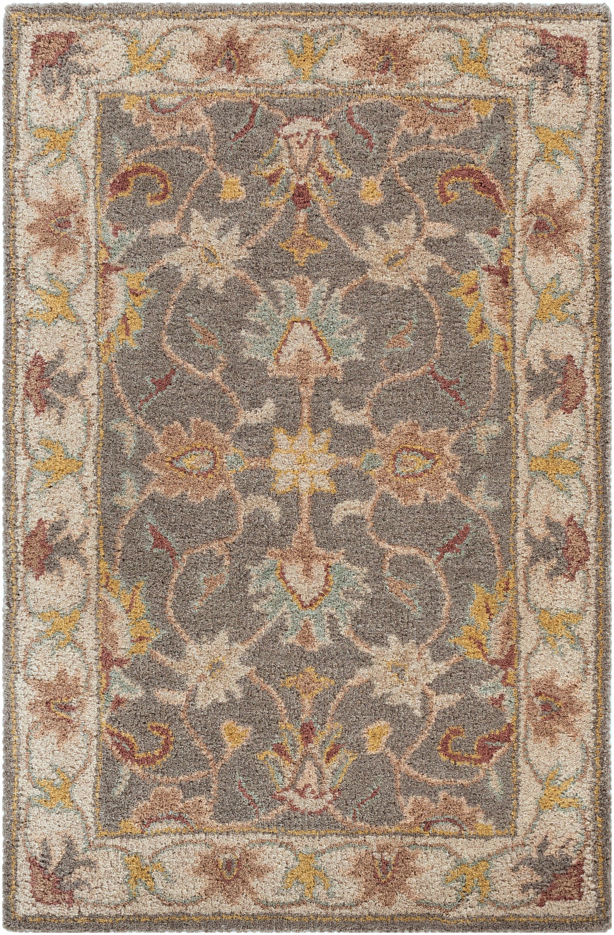 Nobility Flint hand-tufted wool rug featuring a charcoal field with floral patterns in mustard, taupe, and grey.