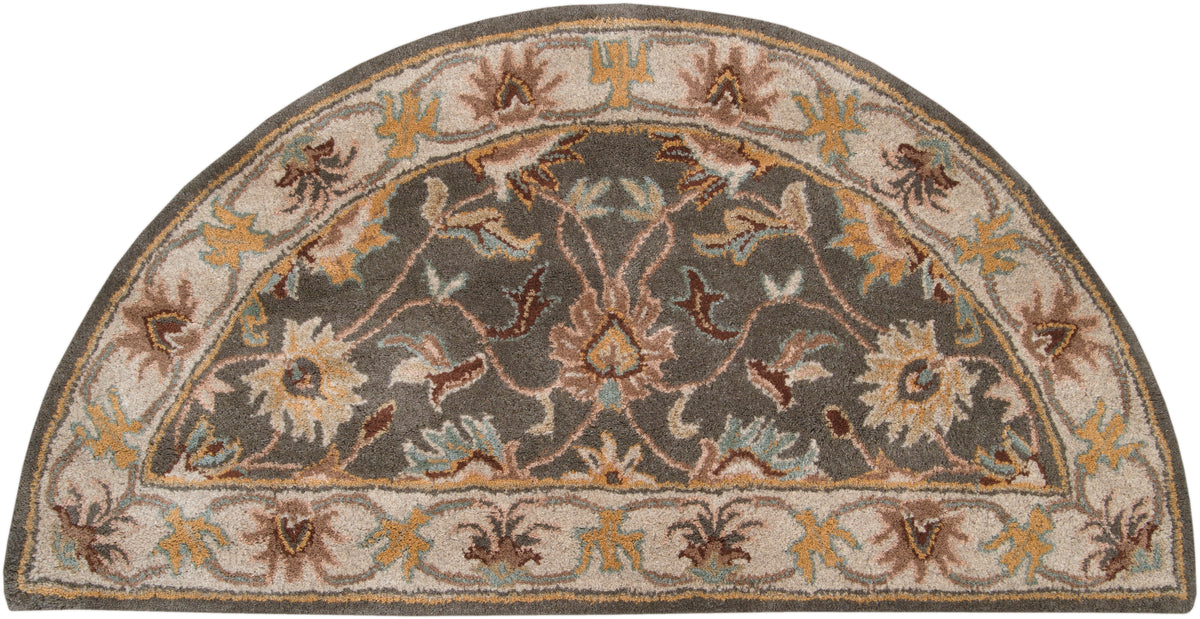 Nobility Flint half-circle hand-tufted wool rug with charcoal, mustard, and taupe floral patterns.
