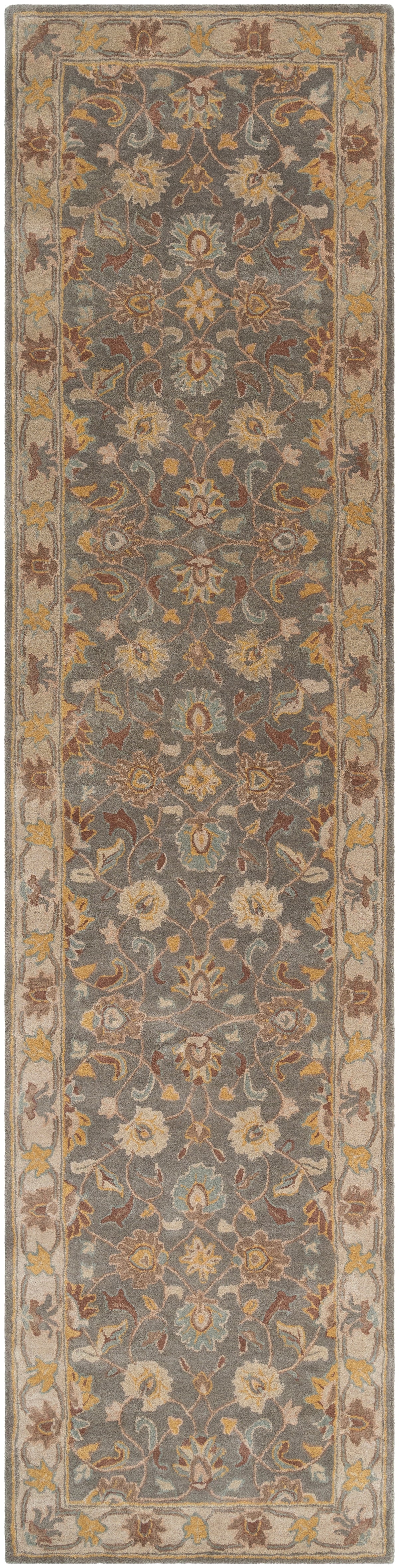 Nobility Flint hand-tufted wool runner rug with charcoal field and floral patterns in mustard and taupe.