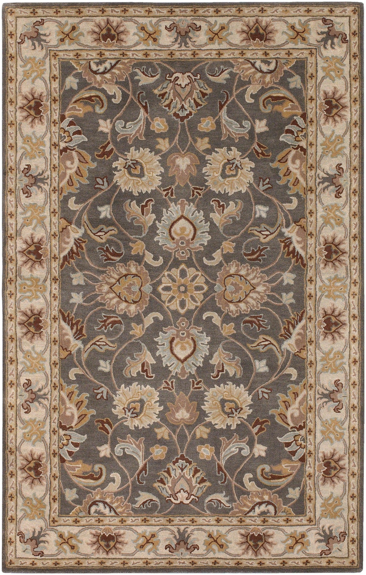 Nobility Flint hand-tufted wool rug with charcoal field, floral patterns, and beige borders.
