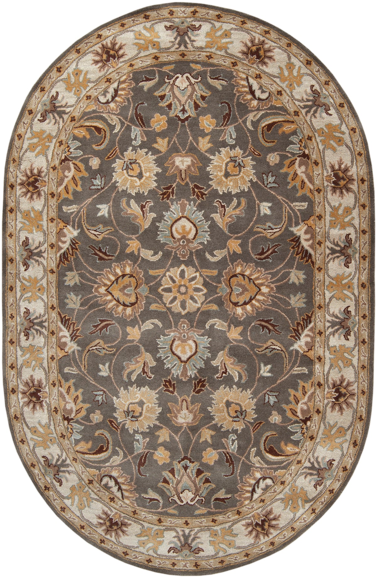 Oval Nobility Flint hand-tufted wool rug with charcoal field and floral patterns in mustard, brown, and grey.