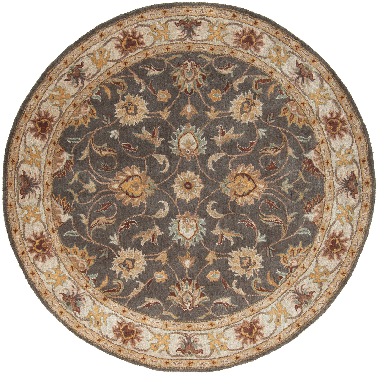Round Nobility Flint hand-tufted wool rug with charcoal field and floral patterns in mustard and taupe.