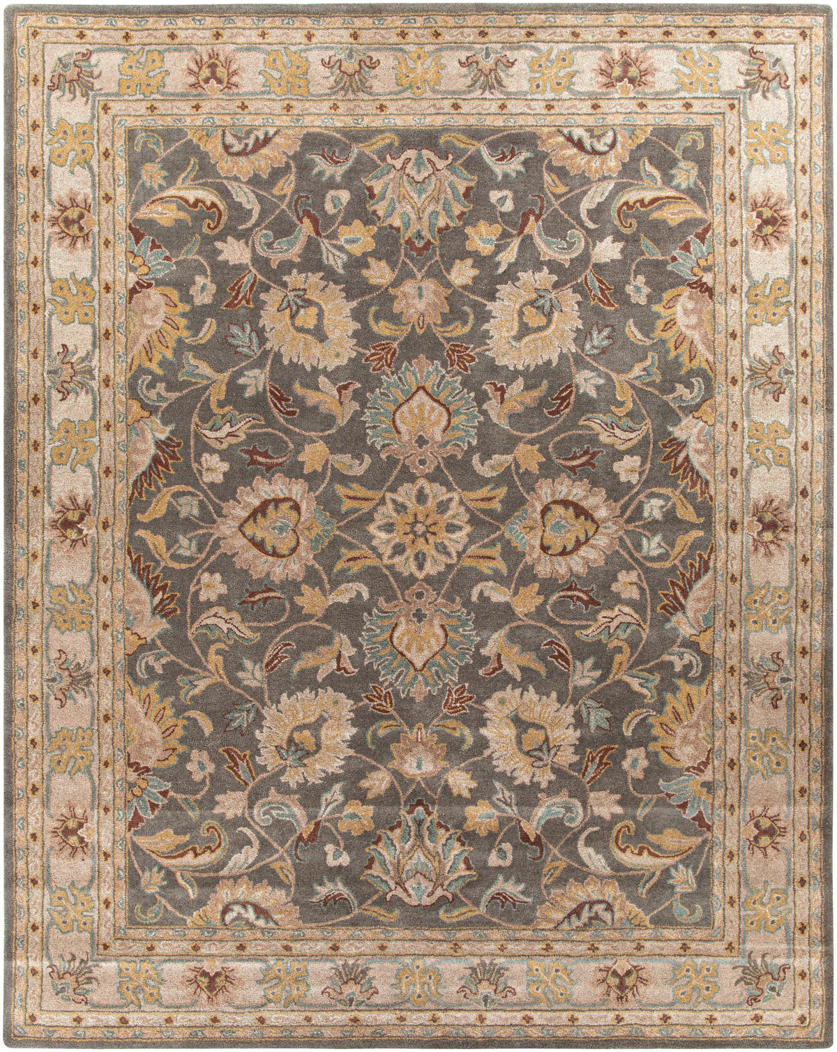 Nobility Flint hand-tufted wool rug with charcoal field and mustard, taupe, and grey floral patterns.