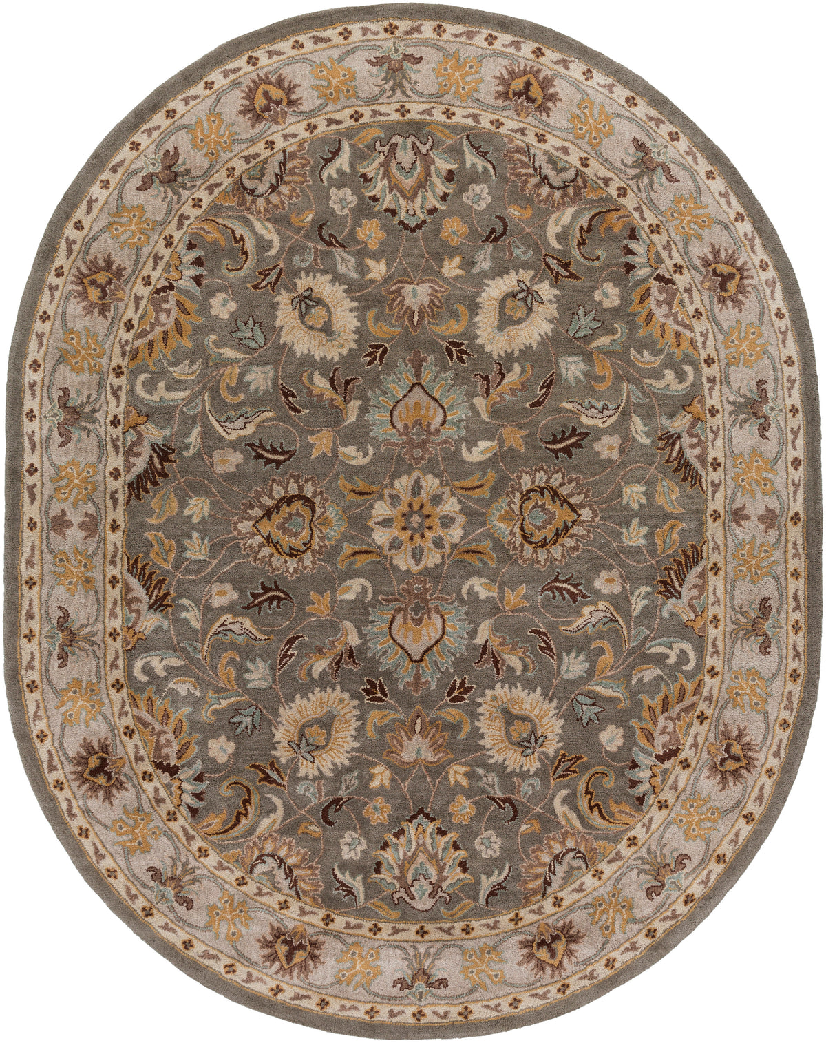 Oval Nobility Flint hand-tufted wool rug with charcoal field and mustard floral patterns