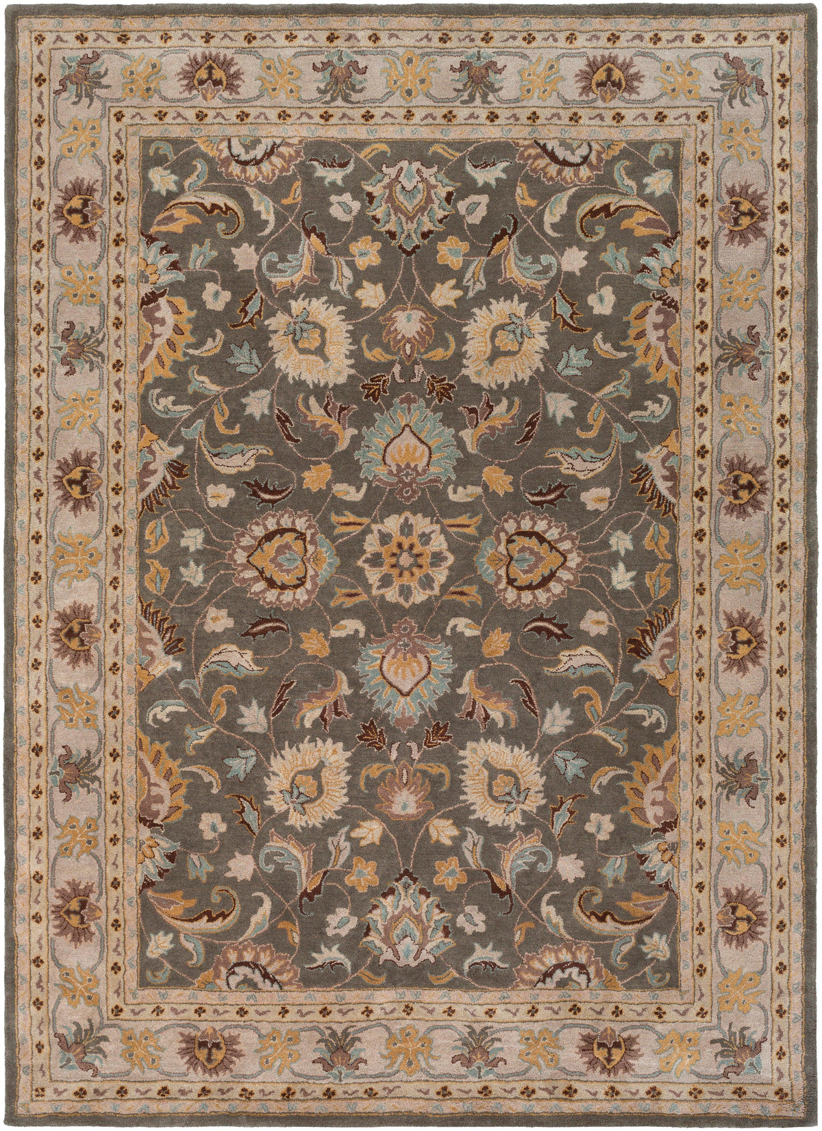 Nobility Flint hand-tufted wool rug with charcoal field and mustard floral patterns.
