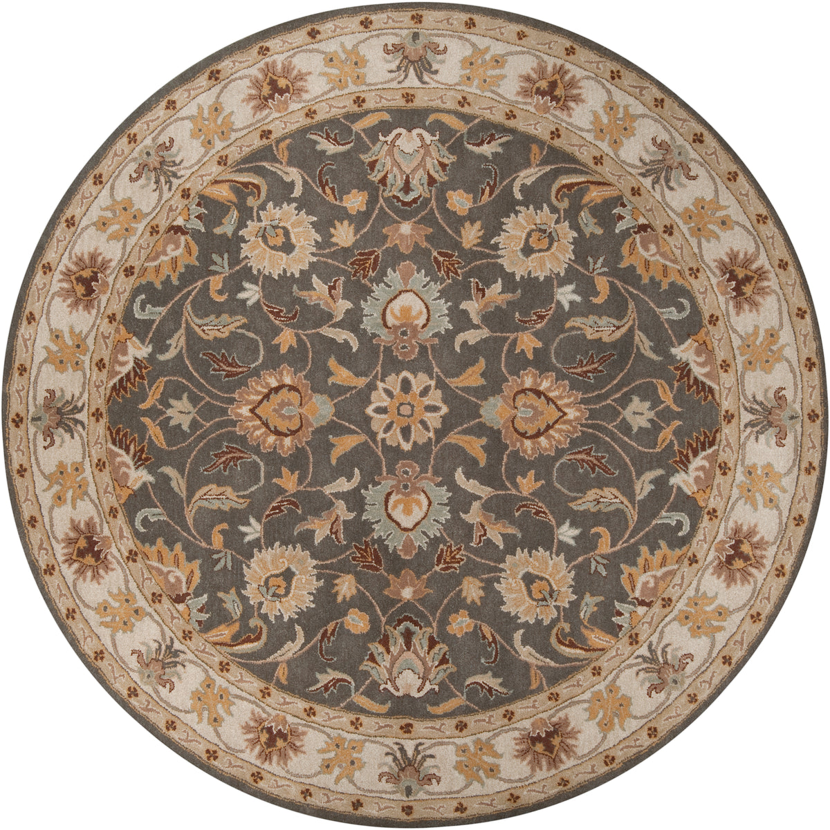 Round Nobility Flint hand-tufted wool rug with charcoal field and mustard floral patterns.