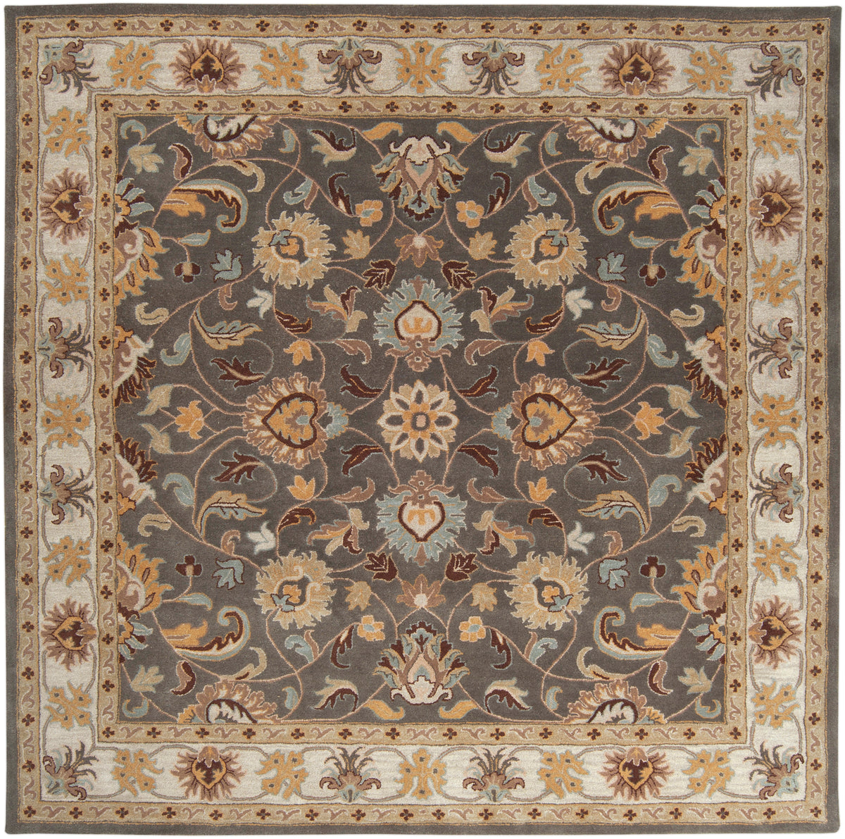 Nobility Flint hand-tufted wool rug with a charcoal field and floral patterns in mustard, brown, and grey.