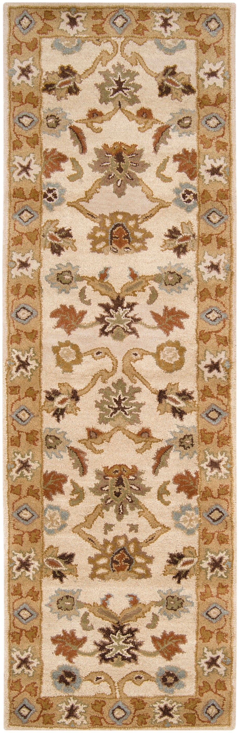 Venus Wheat hand-tufted wool runner rug with beige, terra cotta, and olive floral patterns.