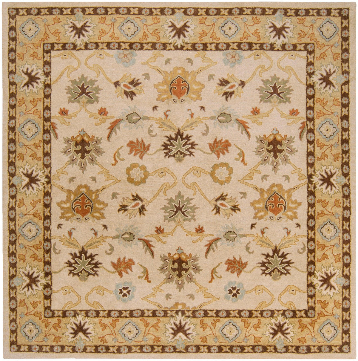 Venus Wheat hand-tufted wool rug with beige, terra cotta, and olive floral patterns.