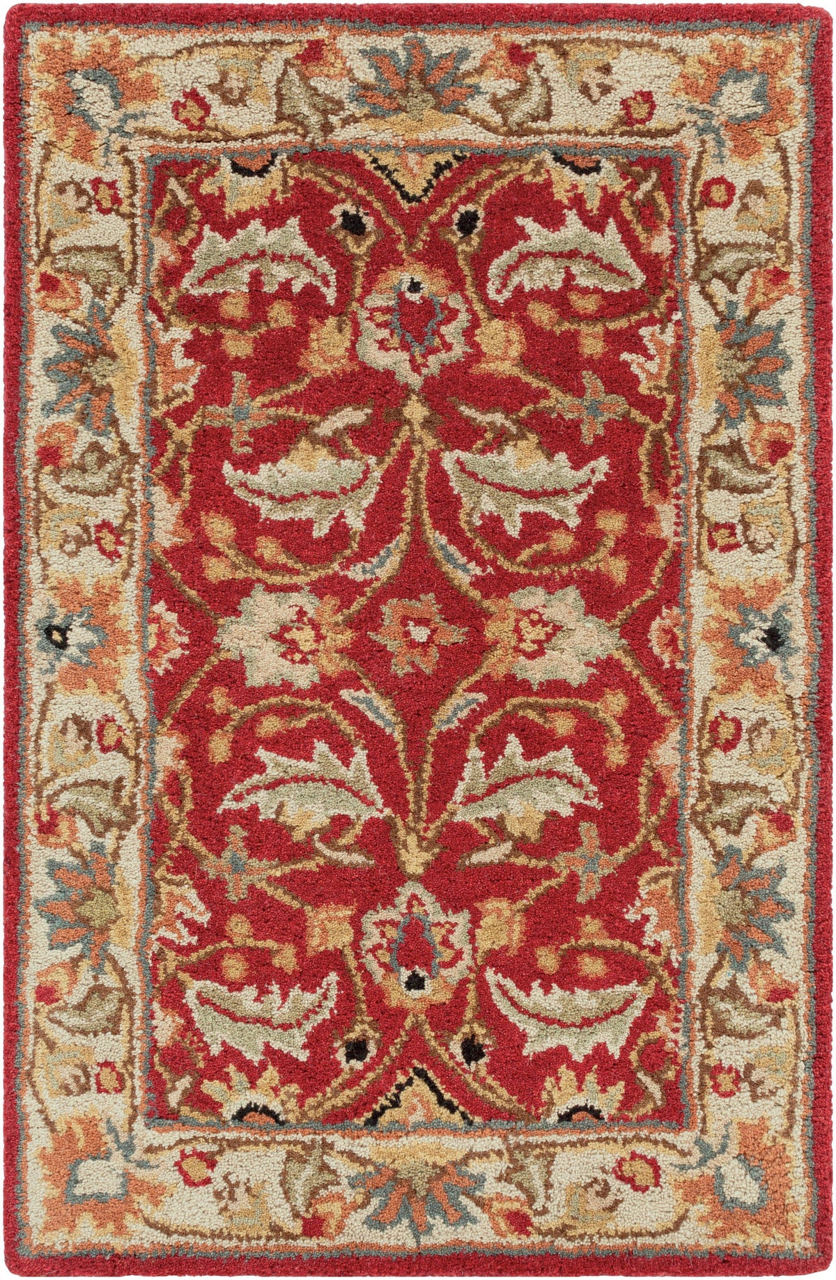 Lucia Cinnamon hand-tufted wool rug with a classic red and beige floral pattern.