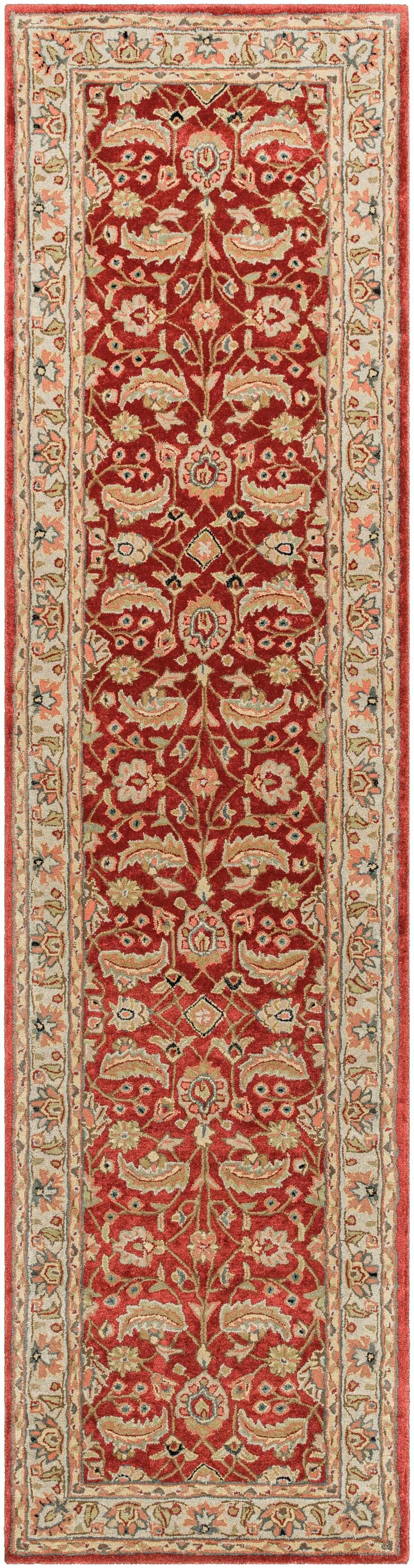 Lucia Cinnamon hand-tufted wool runner rug with a classic red and beige floral design.