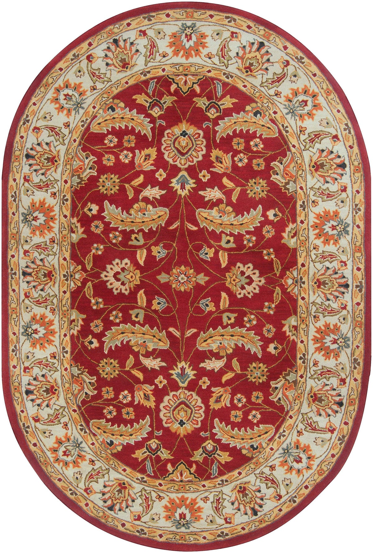 Lucia Cinnamon hand-tufted oval wool rug with traditional floral patterns in deep red and cream.