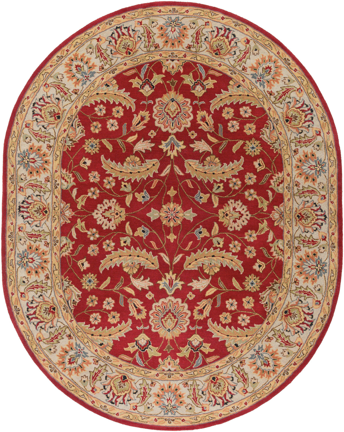 Lucia Cinnamon oval hand-tufted wool rug with a traditional red and beige floral pattern.