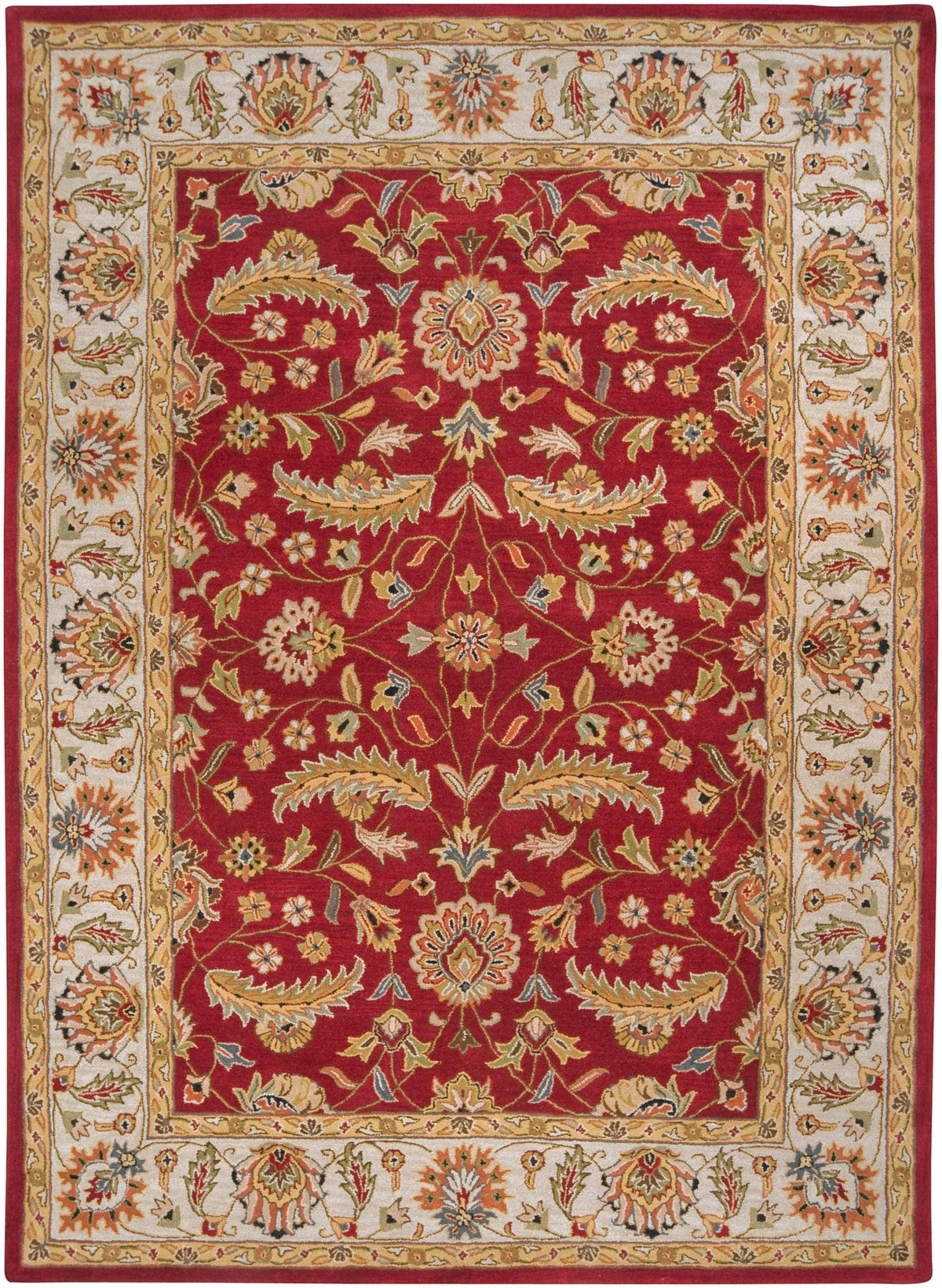 Lucia Cinnamon hand-tufted wool rug with a deep red center and classic floral border.