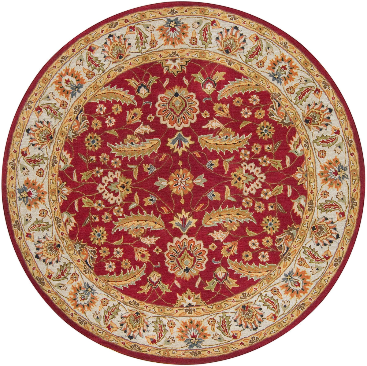 Round Lucia Cinnamon hand-tufted wool rug with a traditional red floral design and cream border.