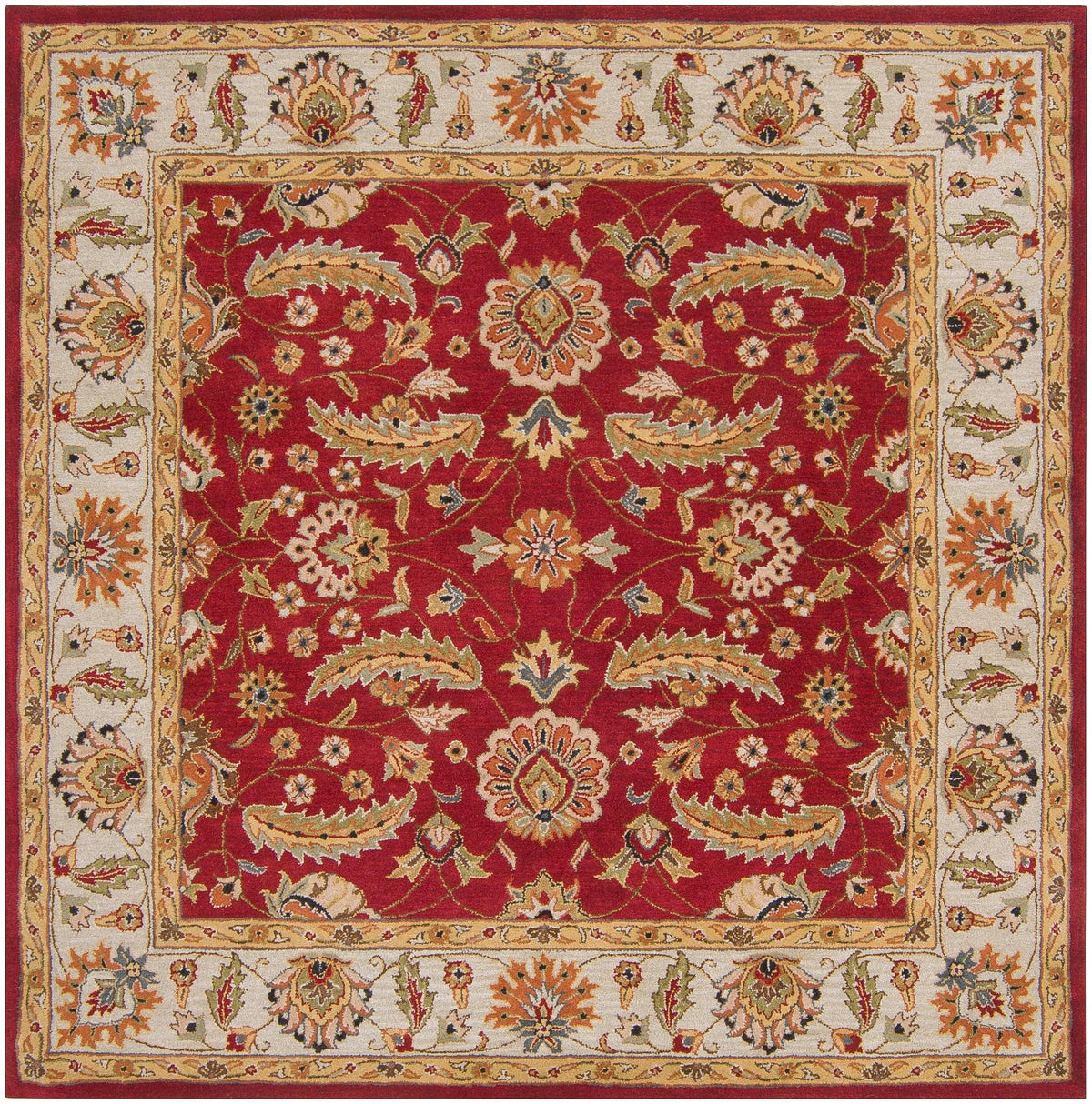 Lucia Cinnamon hand-tufted wool rug with a deep red center and traditional floral border.