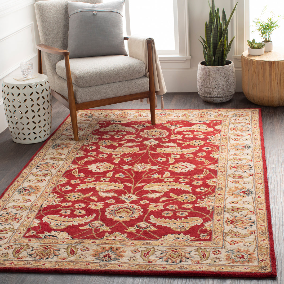 Lucia Cinnamon hand-tufted wool rug with red and beige traditional floral patterns