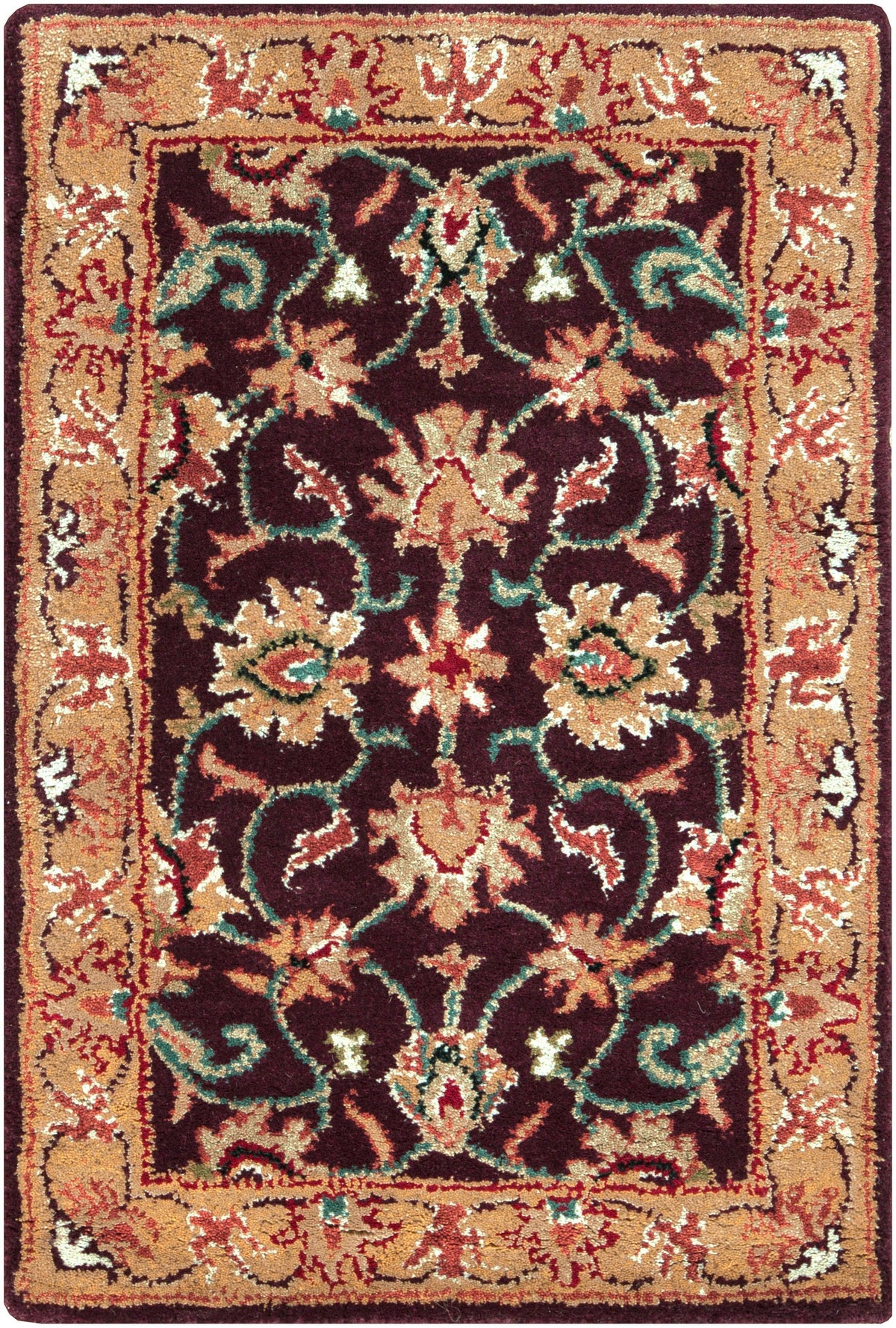 Nobility Amethyst hand-tufted wool rug featuring a burgundy field with tan, beige, and olive floral patterns.